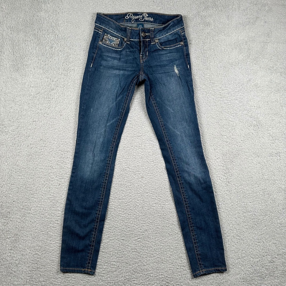 Request Jeans Womens 0/24 Dark Wash Embellishedโ Flap Pocket Skinny Low Rise Y2K